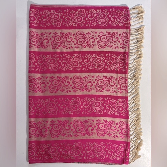 pashmina Accessories - Pashmina Cashmere Scarf Wrap Rich Pink, Cream, Sage w/ Tassels Excellent Vintage